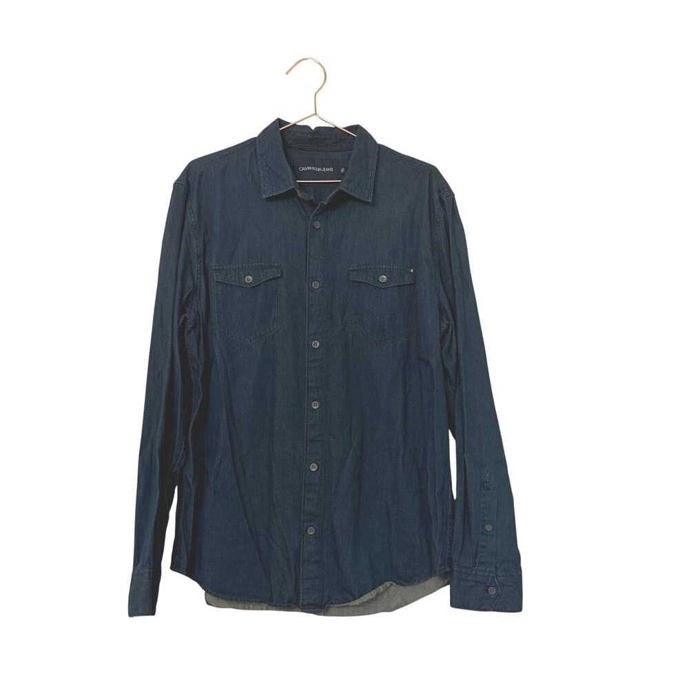Calvin Klein Jeans men denim blue button-down shirt size large